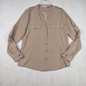 Calvin Klein Womens Tan White Striped‎ Button Blouse Medium Roll Tab Sleeve